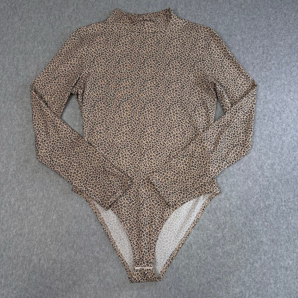 Gaze Leopard Print Bodysuit Womens Small Tan/Black Mock Neck Long Sleeves Snap